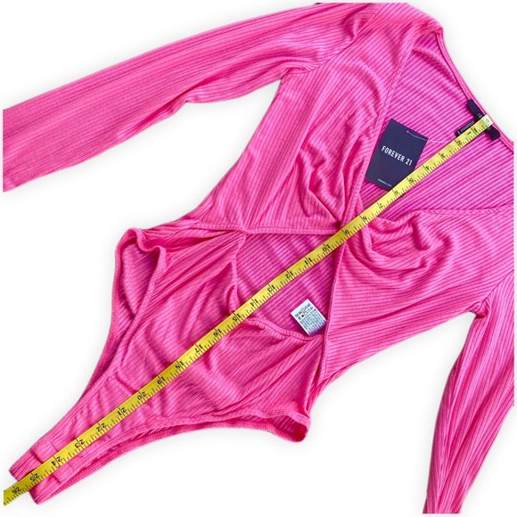 Hot Pink Bodysuit Long Sleeve V Neck Stretch Open Peekaboo Size M - Forever 21 - Picture 6 of 8